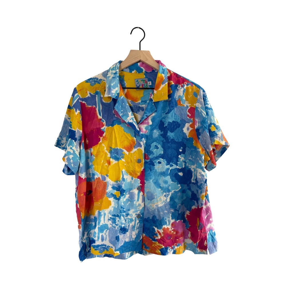 Jams World Floral Splash Rayon Button Up Shirt Made in Women's XL Hawaii